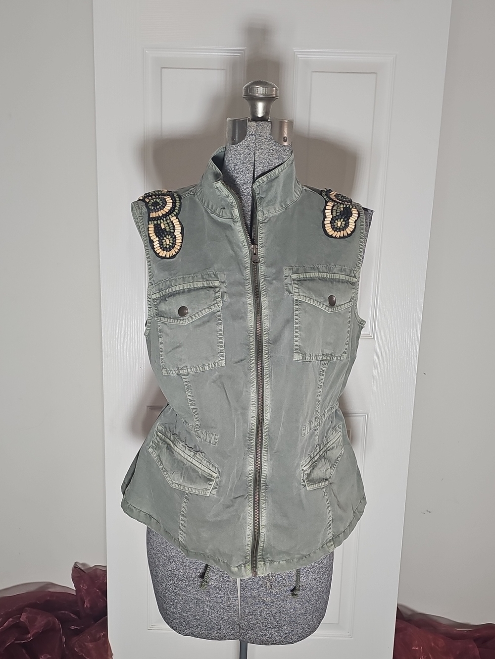 Ruff Hewn Olive Green Cotton Beaded Shoulder Utility Vest Size M